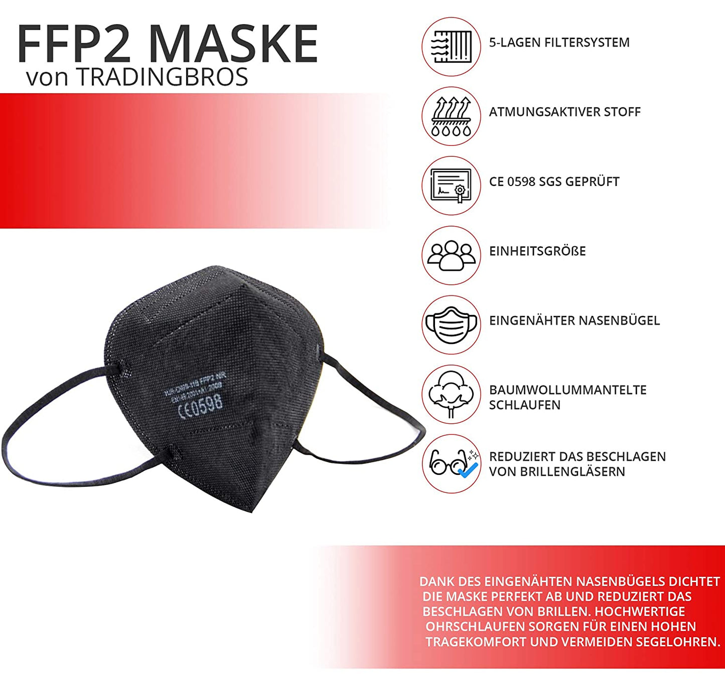 10x FFP2 Atemschutzmaske schwarz SGS geprüft mit Ohrschlaufe Größe M