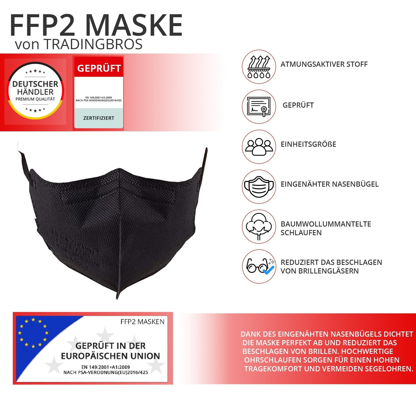 5x Kleine FFP2 Masken schwarz Ohrschlaufe FB Größe S